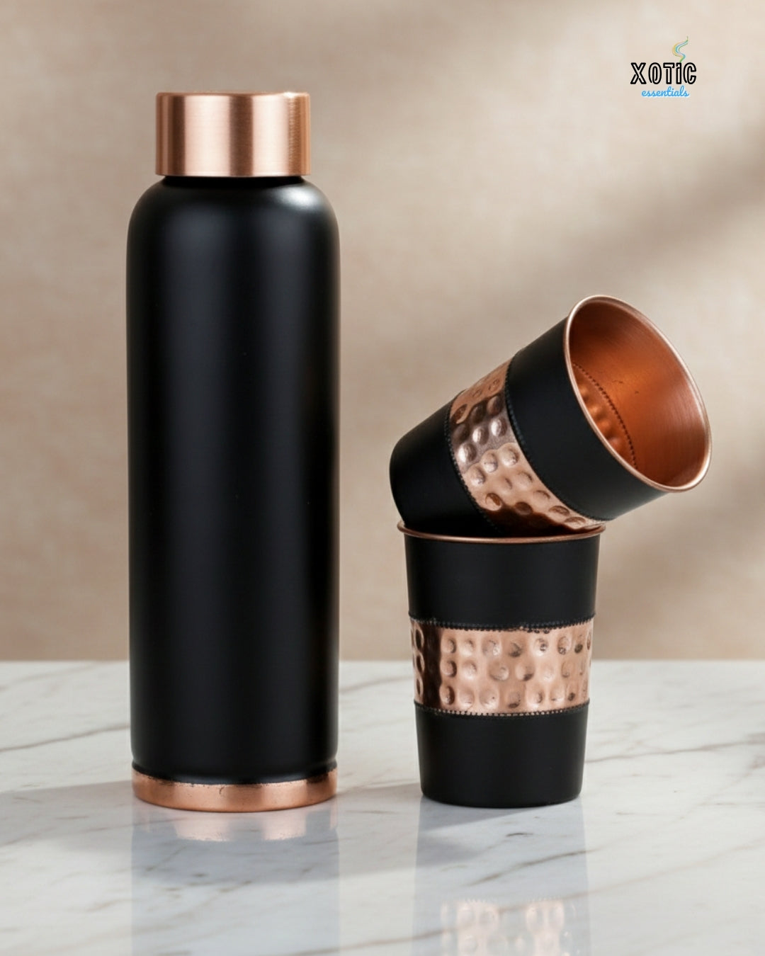 Matte Black Hammered Copper Bottle Set