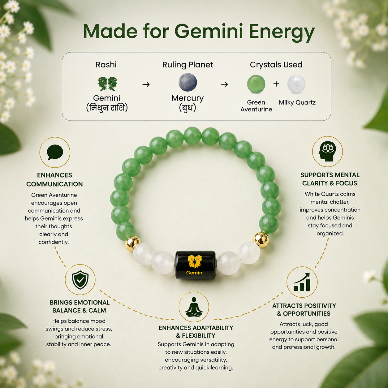 XOTIC Gemini (Mithun Rashi) Zodiac Green Aventurine & Milky Quartz Bracelet | Natural Crystal Healing Bracelet for Prosperity, Confidence & Communication