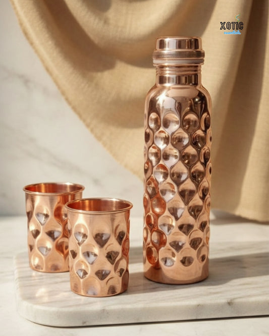 Premium Hammered Pure Copper Bottle Set
