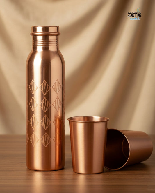 Engraved Geometric Pure Copper Bottle Set