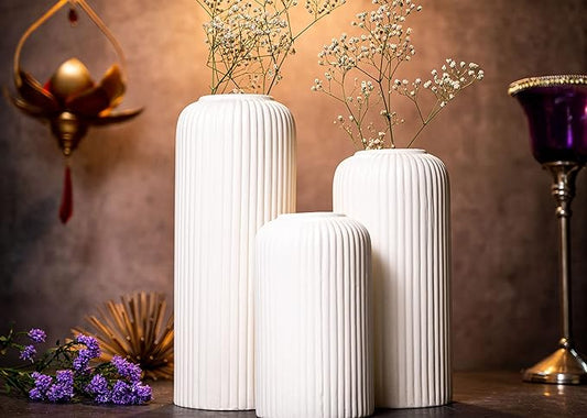 Xotic essentials Modern Ceramic Flower Vase for home decor, Flower Pots for Home Decoration, Gift Items (Set of 3PCS, Off White)