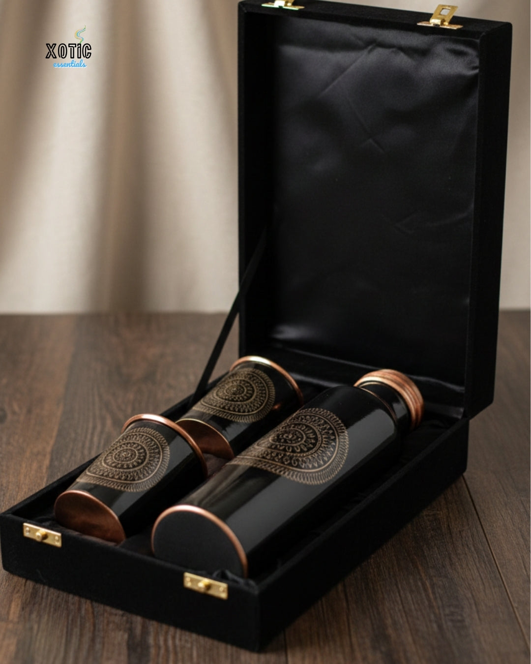 Black Mandala Engraved Copper Bottle Set