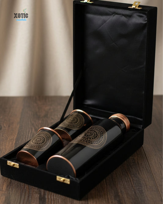 Black Mandala Engraved Copper Bottle Set