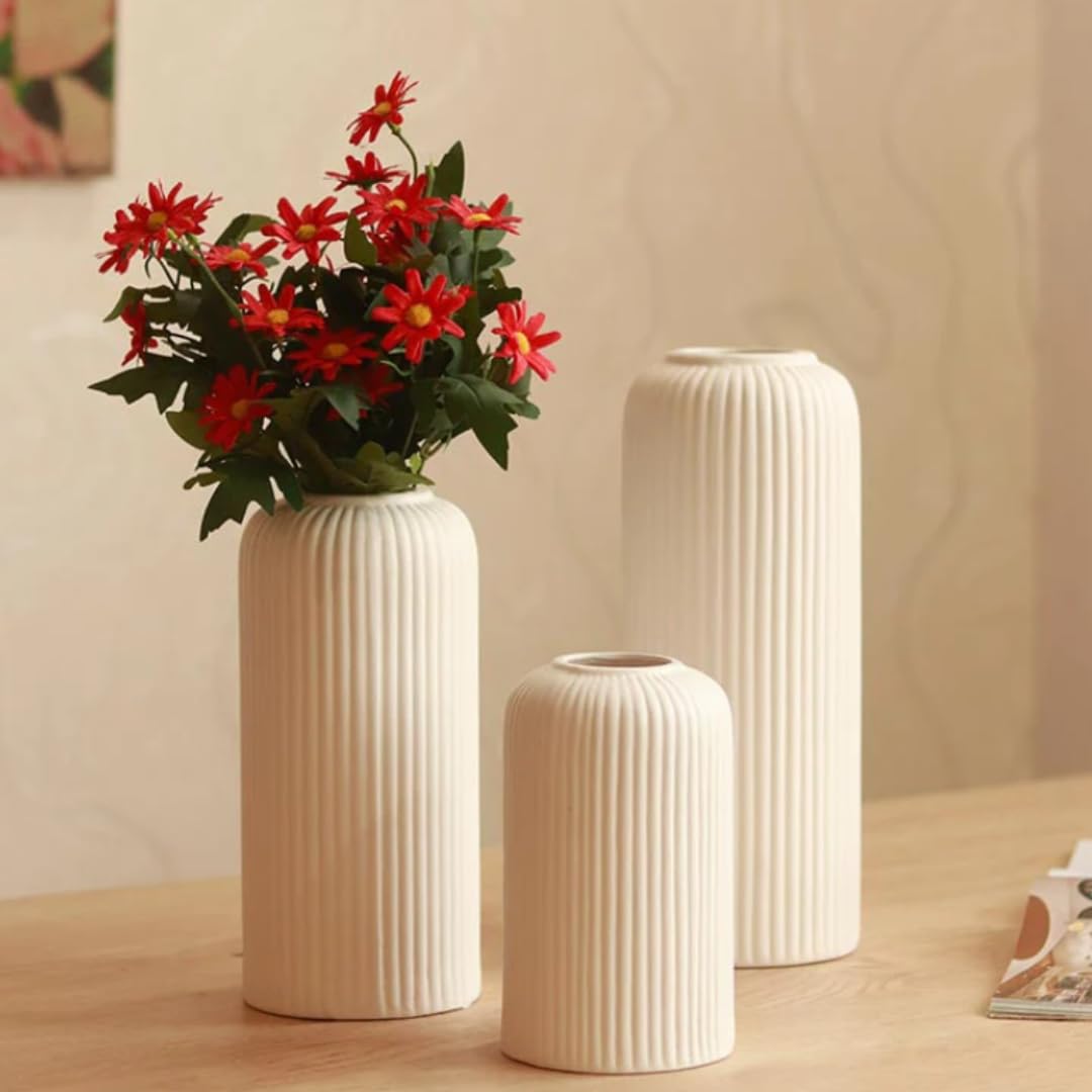 Xotic essentials Modern Ceramic Flower Vase for home decor, Flower Pots for Home Decoration, Gift Items (Set of 3PCS, Off White)
