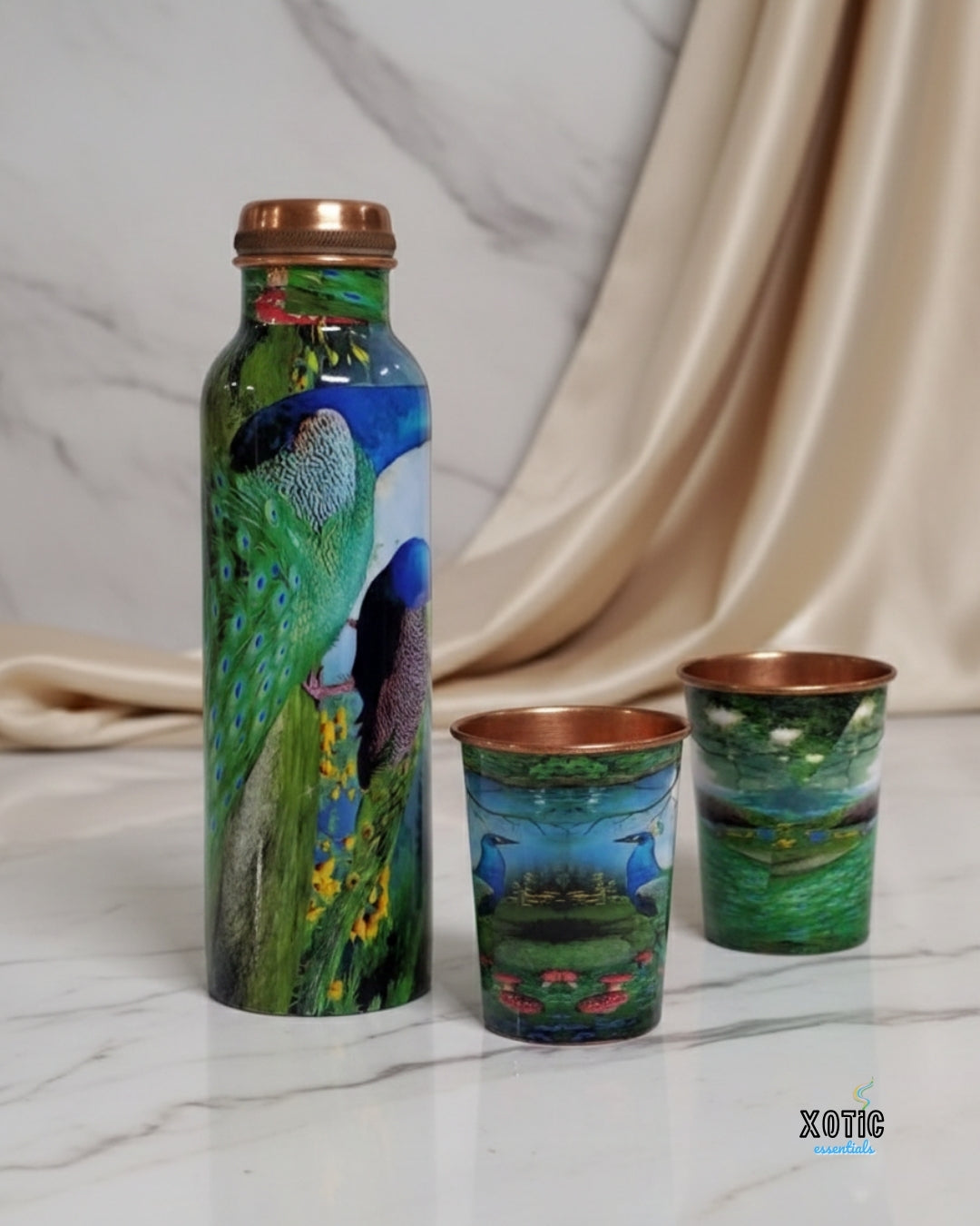 Peacock Art Printed Copper Bottle Set