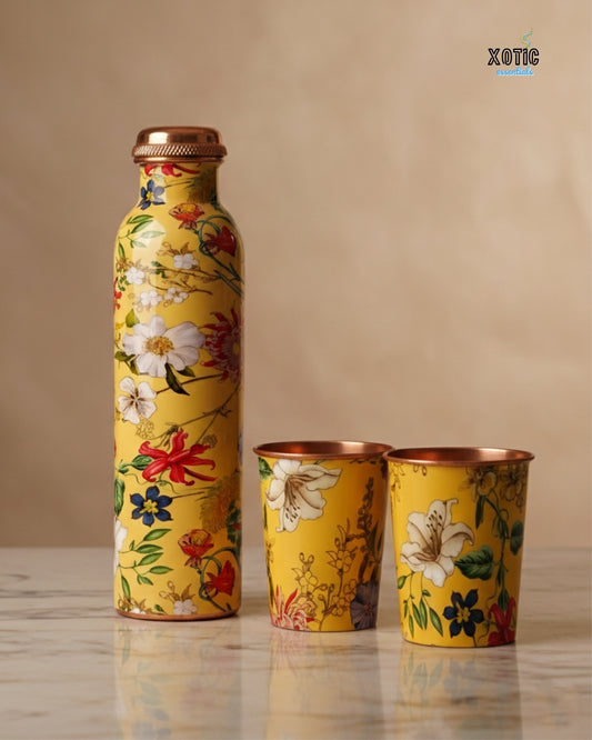 Yellow Floral Printed Copper Bottle Set