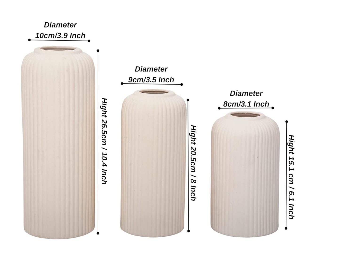 Xotic essentials Modern Ceramic Flower Vase for home decor, Flower Pots for Home Decoration, Gift Items (Set of 3PCS, Off White)