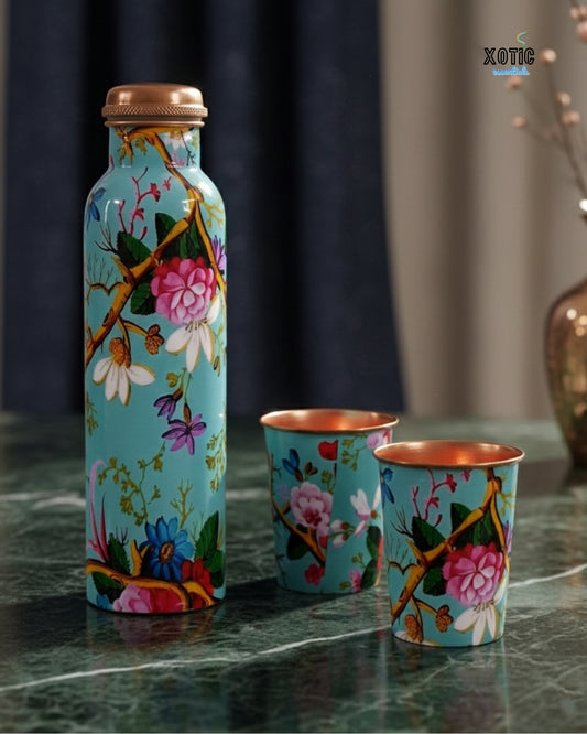 Sky Blue Floral Printed Copper Bottle Set