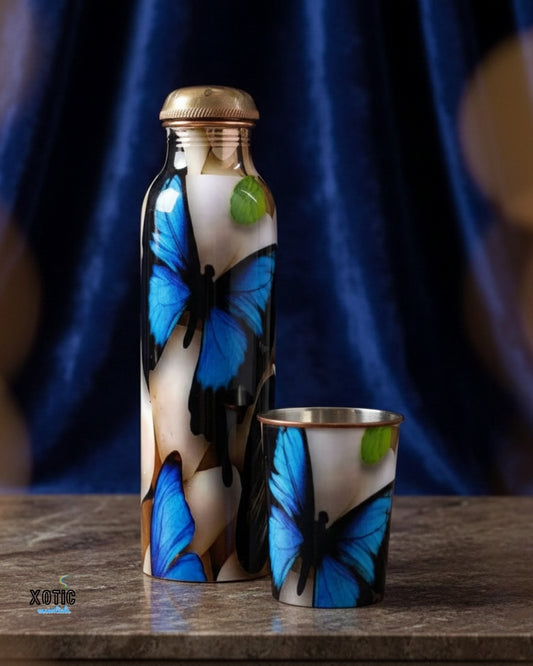 Blue Butterfly Printed Pure Copper Bottle Set
