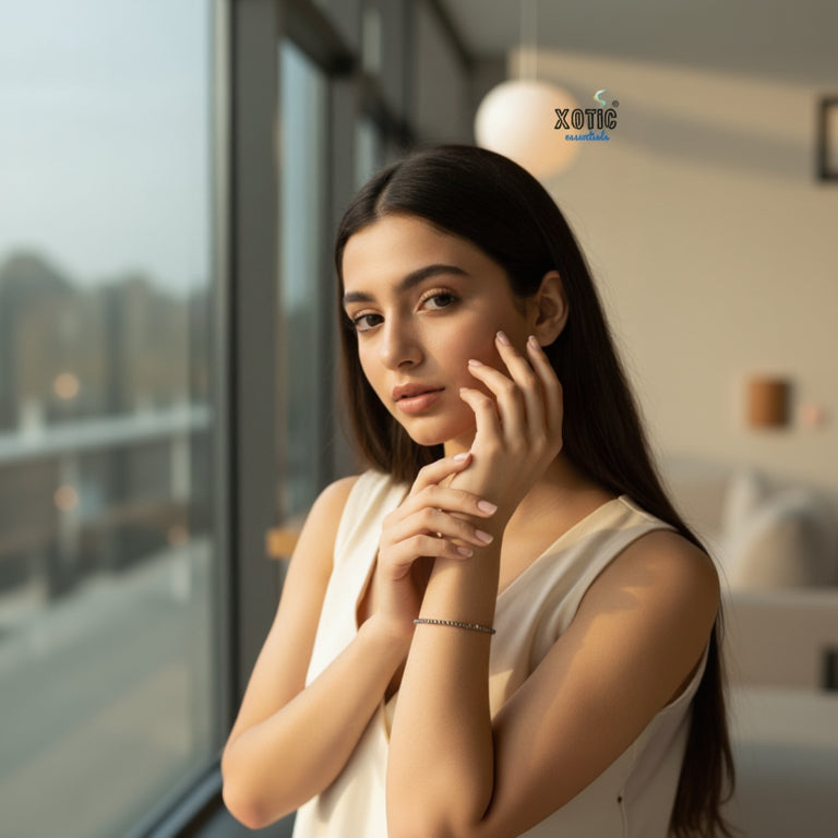 Woman with hand on face in a softly lit room, Xotic Essentials logo visible