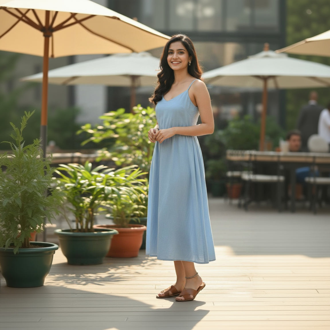 Woman in a light blue dress standing outdoors with plants and umbrellas in the background