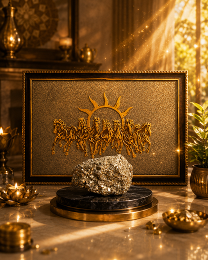 XOTIC Essentials 7 Running Horses on Pyrite Frame Wall Decor (12 x 18 Inch) | Luxury Vastu & Prosperity Décor | Premium Gold Finish
