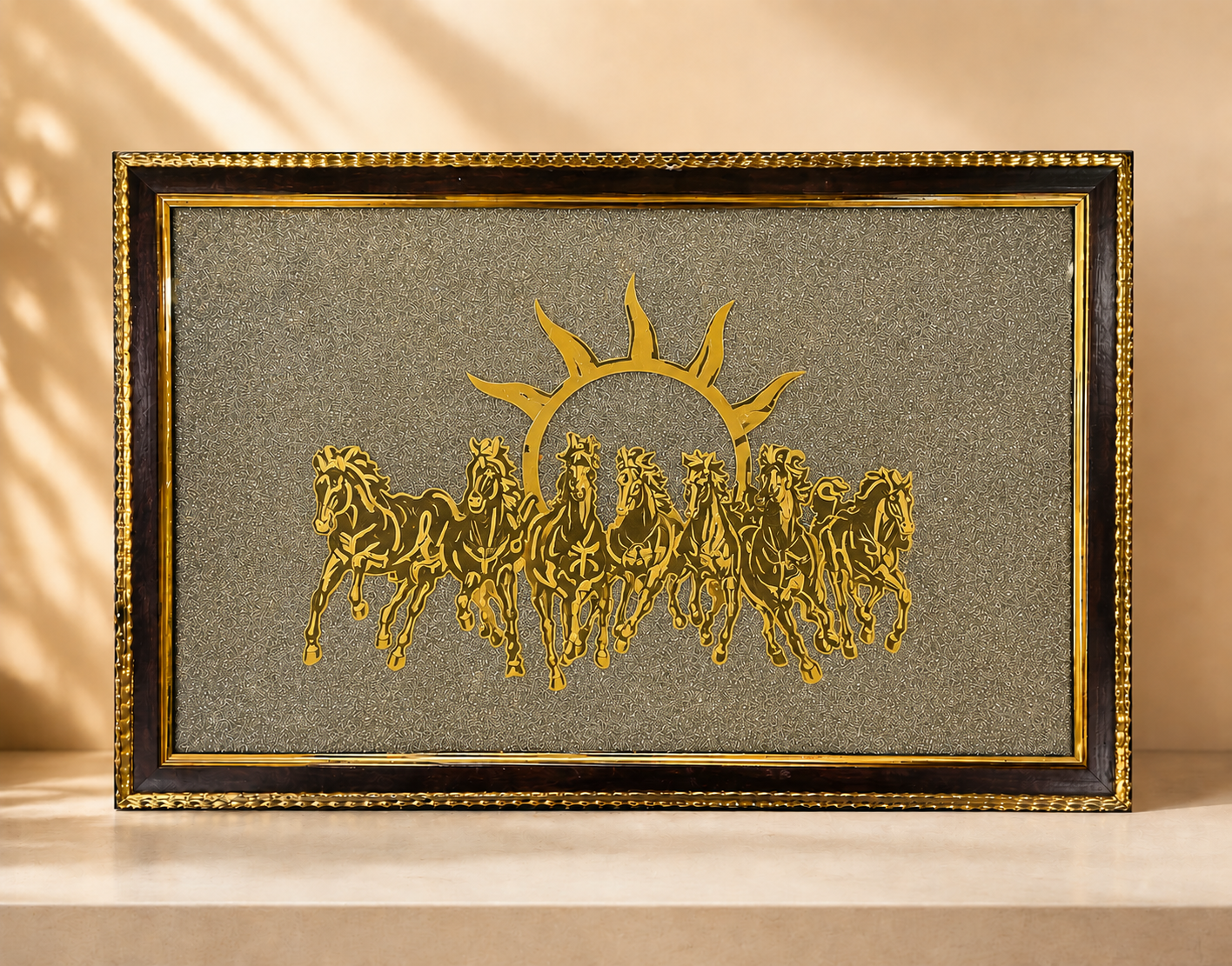 XOTIC Essentials 7 Running Horses on Pyrite Frame Wall Decor (12 x 18 Inch) | Luxury Vastu & Prosperity Décor | Premium Gold Finish