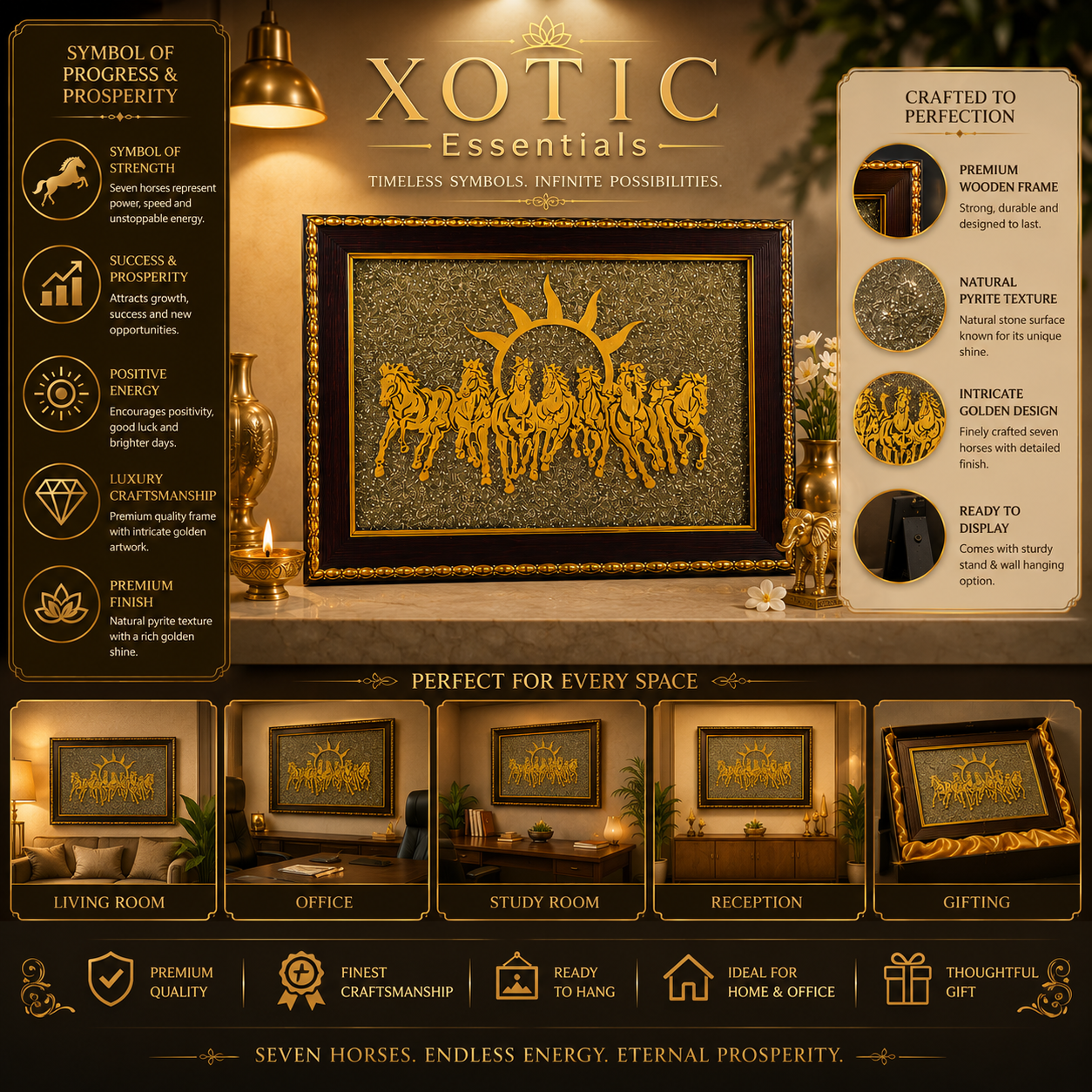XOTIC Essentials 7 Running Horses on Pyrite Frame Wall Decor (12 x 18 Inch) | Luxury Vastu & Prosperity Décor | Premium Gold Finish