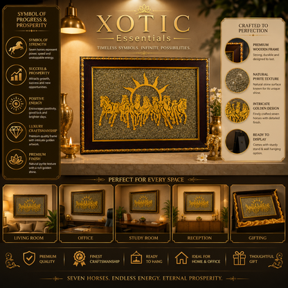 XOTIC Essentials 7 Running Horses on Pyrite Frame Wall Decor (12 x 18 Inch) | Luxury Vastu & Prosperity Décor | Premium Gold Finish