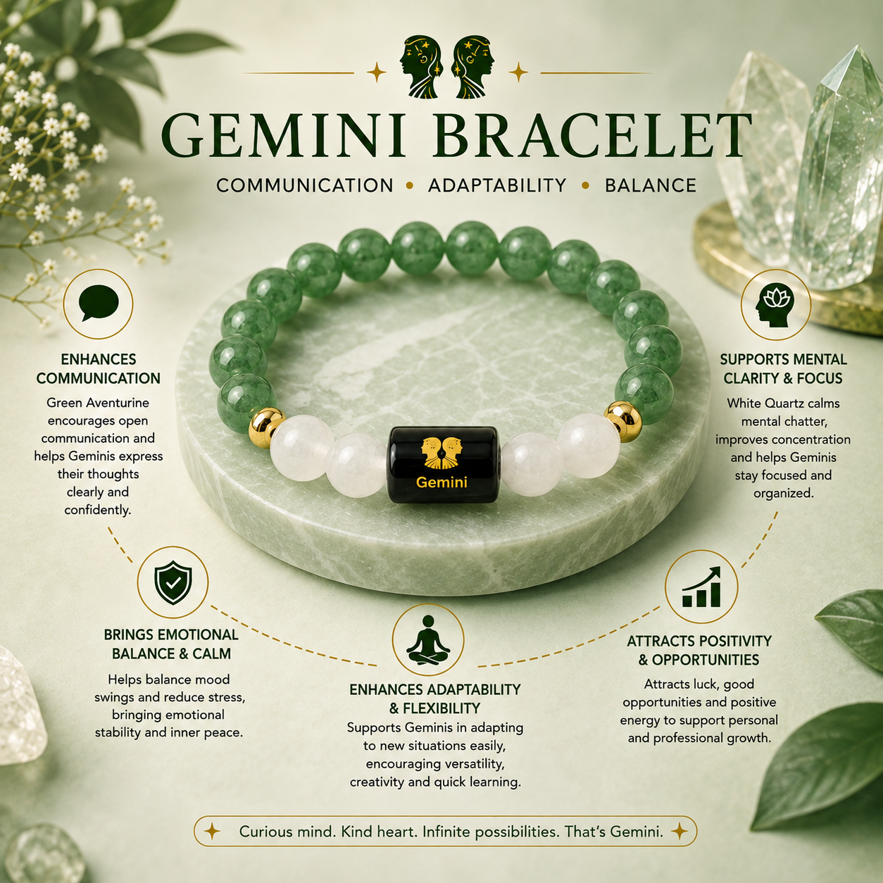 XOTIC Gemini (Mithun Rashi) Zodiac Green Aventurine & Milky Quartz Bracelet | Natural Crystal Healing Bracelet for Prosperity, Confidence & Communication