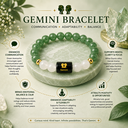 XOTIC Gemini (Mithun Rashi) Zodiac Green Aventurine & Milky Quartz Bracelet | Natural Crystal Healing Bracelet for Prosperity, Confidence & Communication