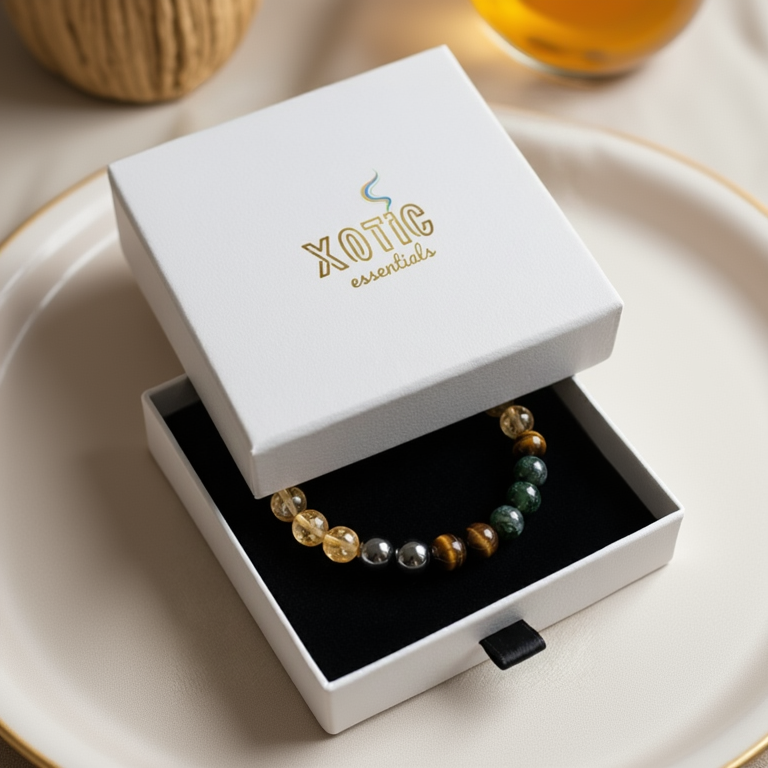 Beaded bracelet in an open white box with 'Xotic Essentials' branding.