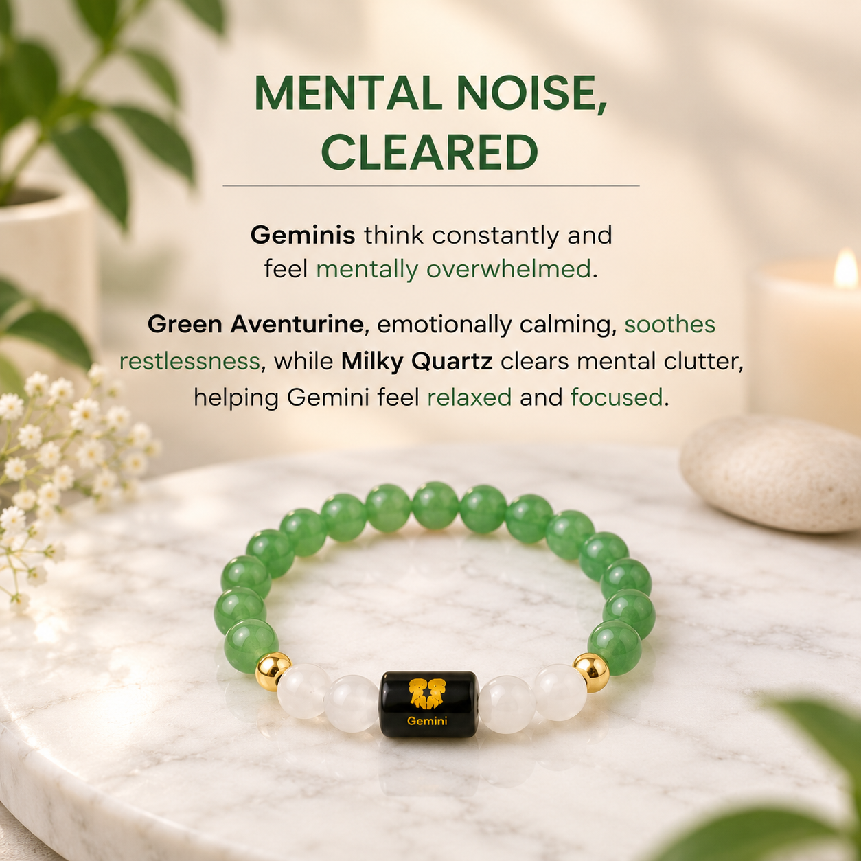 XOTIC Gemini (Mithun Rashi) Zodiac Green Aventurine & Milky Quartz Bracelet | Natural Crystal Healing Bracelet for Prosperity, Confidence & Communication