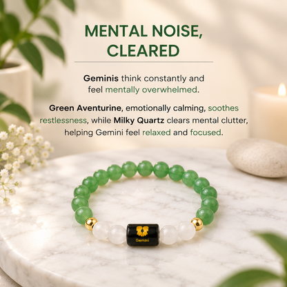 XOTIC Gemini (Mithun Rashi) Zodiac Green Aventurine & Milky Quartz Bracelet | Natural Crystal Healing Bracelet for Prosperity, Confidence & Communication