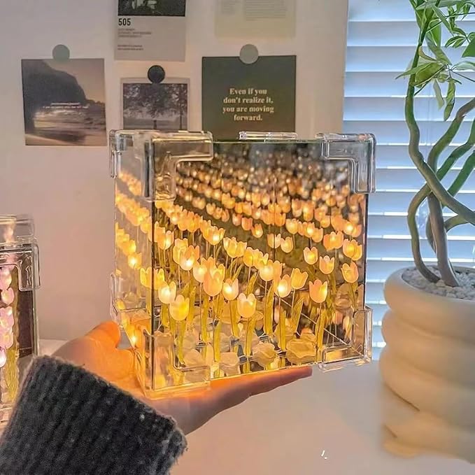 DIY Tulip Cube Mirror Lamp | 21 Flowers LED Decorative Lamp (Square)