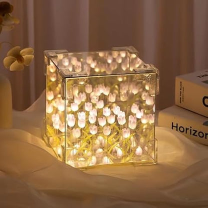 DIY Tulip Cube Mirror Lamp | 21 Flowers LED Decorative Lamp (Square)